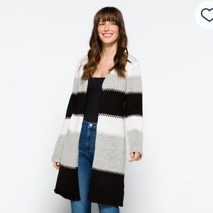 Elegant Women's Striped Cardigan - Black, Gray, White